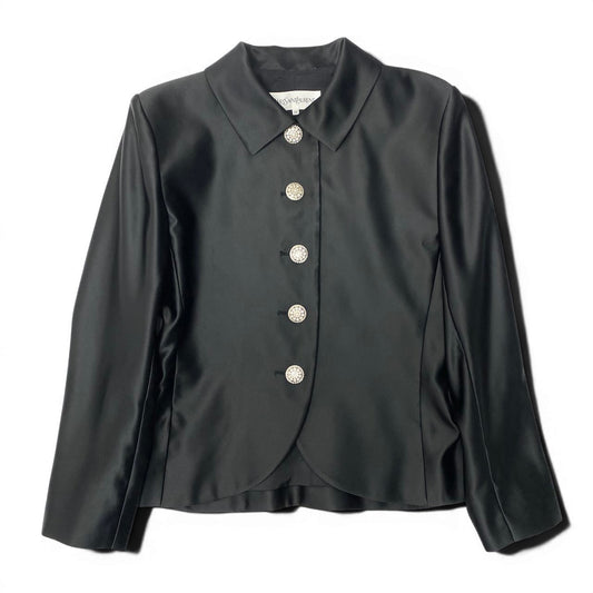 83e12 YVES SAINTLAURENT イヴサンローラン サテンジャケット シャツジャケット ロングスリーブ サイズ9A3 光沢 ブラック レディース 女性服o07t