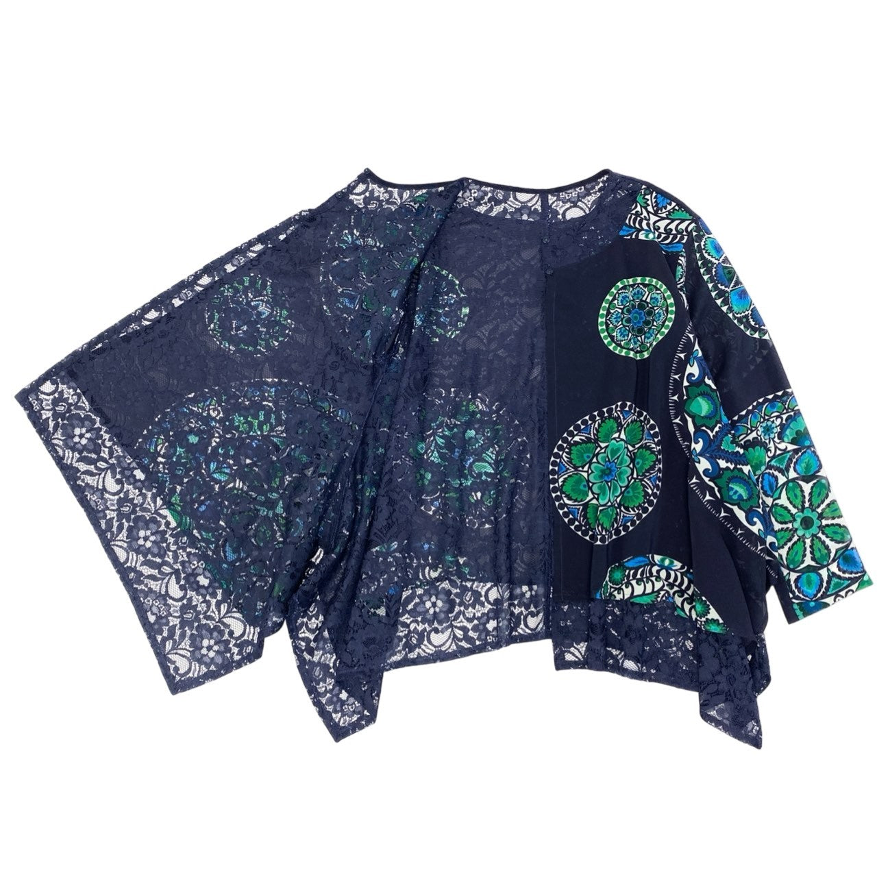 14c5 TOKUKO 1er VOL トクコプルミエヴォル レースカーディガン 薄手 異素材切替 フラワープリント 花柄 レディース 女性服 ネイビー サイズ9u02t