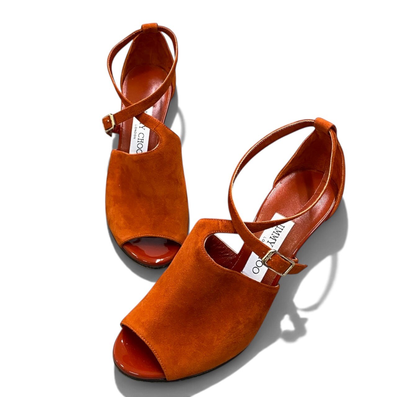 i1 JIMMY CHOO ジミーチュウ オープントゥ ストラップ ヒールサンダル サイズ36 オレンジ系 スウェードレザー レディースk02i