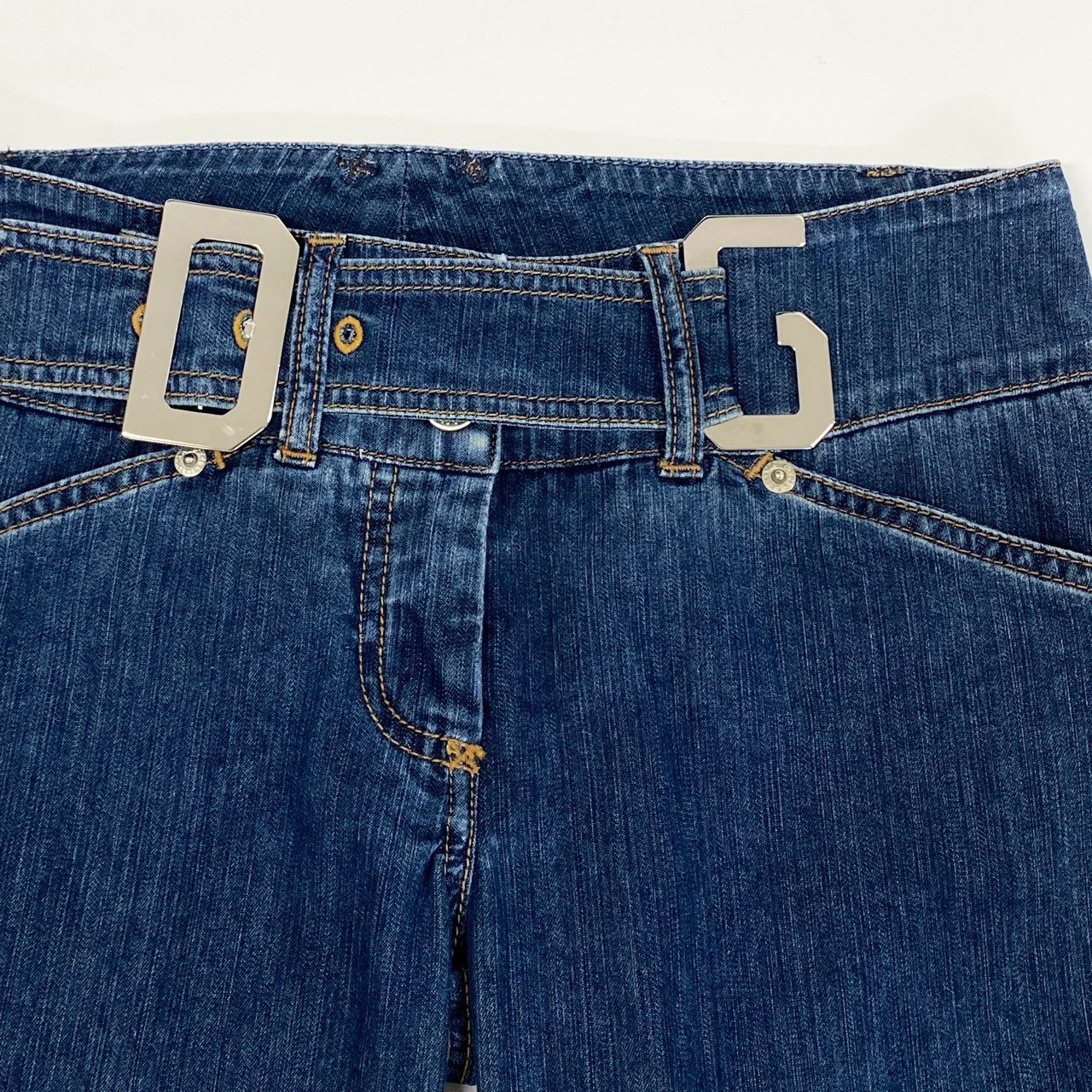 1j27 DOLCE&GABBANA ドルチェアンドガッバーナ デニムパンツ ローライズ ウエストDGベルト フレアパンツ F31WED/G8534 38サイズ インディゴ レディースu02t