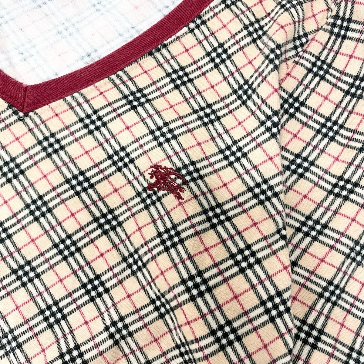 47f17 BURBERRY LONDON バーバリーロンドン ホース刺繍 ノバチェック Vネック 長袖Tシャツ カットソー トップス Mサイズ ベージュ コットン レディースo07t