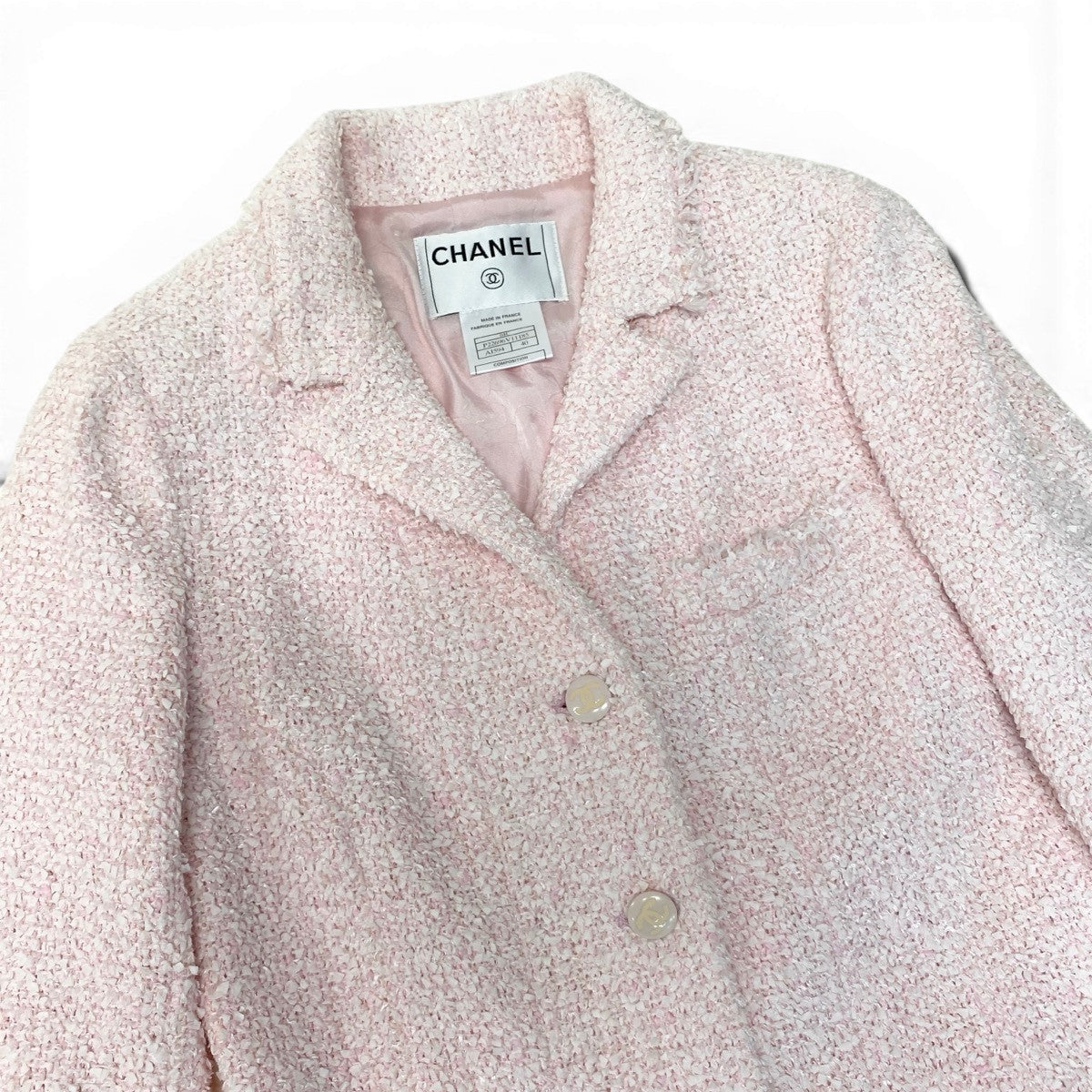 Cf11 CHANEL シャネル 04C ファンシーツイード テーラードジャケット ココマーク P22696 サイズ40 ピンク レディース 女性用ta1