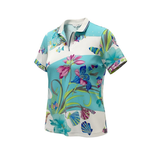 5c6 LEONARD レオナール 半袖ポロシャツ 美しいプリント 魚 花柄 0578703 44サイズ マルチカラー ポリエステル100％ レディース 女性用u02t