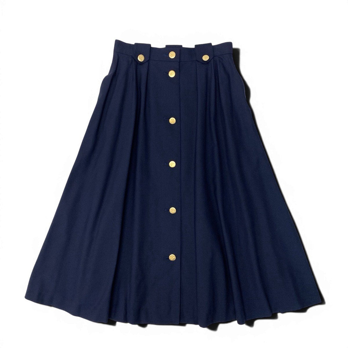 76g14 BURBERRY バーバリー フロントボタン タックスカート ミディ丈 金ボタン サイズ9AR ネイビー ウール100％ レディースu02t