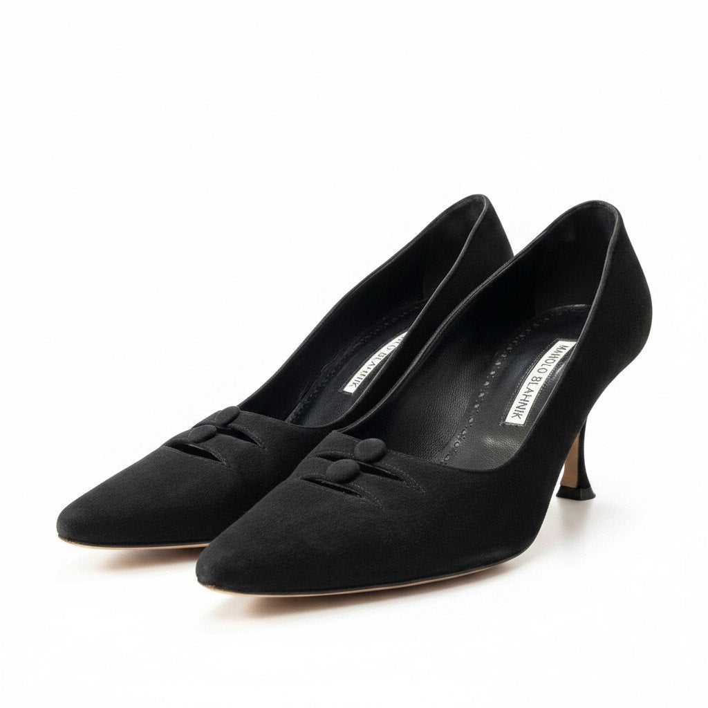 g31 MANOLO BLAHNIK ポイントテッドトゥパンプス シューズ イタリア製 38サイズ ブラック スウェード レディース 女性用k02i