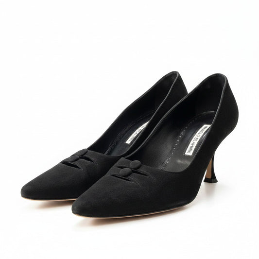 g31 MANOLO BLAHNIK ポイントテッドトゥパンプス シューズ イタリア製 38サイズ ブラック スウェード レディース 女性用k02i