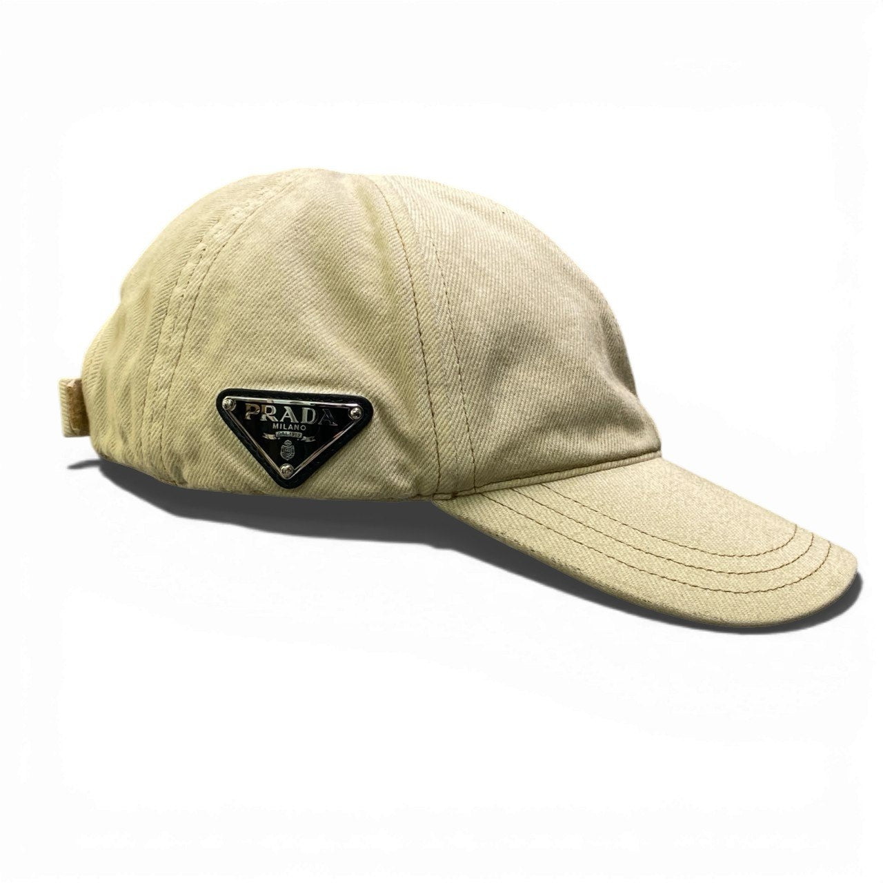 c4 【未使用】PRADA プラダ 2HC274 サイズL 三角ロゴプレート デニムキャップ 帽子 ベージュ ユニセックス ヘッドギア