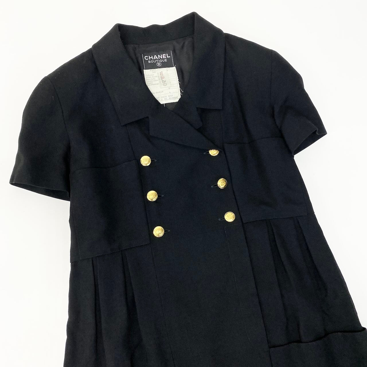 C CHANEL シャネル 1990 VINTAGE 半袖ワンピース 金ボタン ココマーク ドレス 23079 42 ブラック レディースnu1