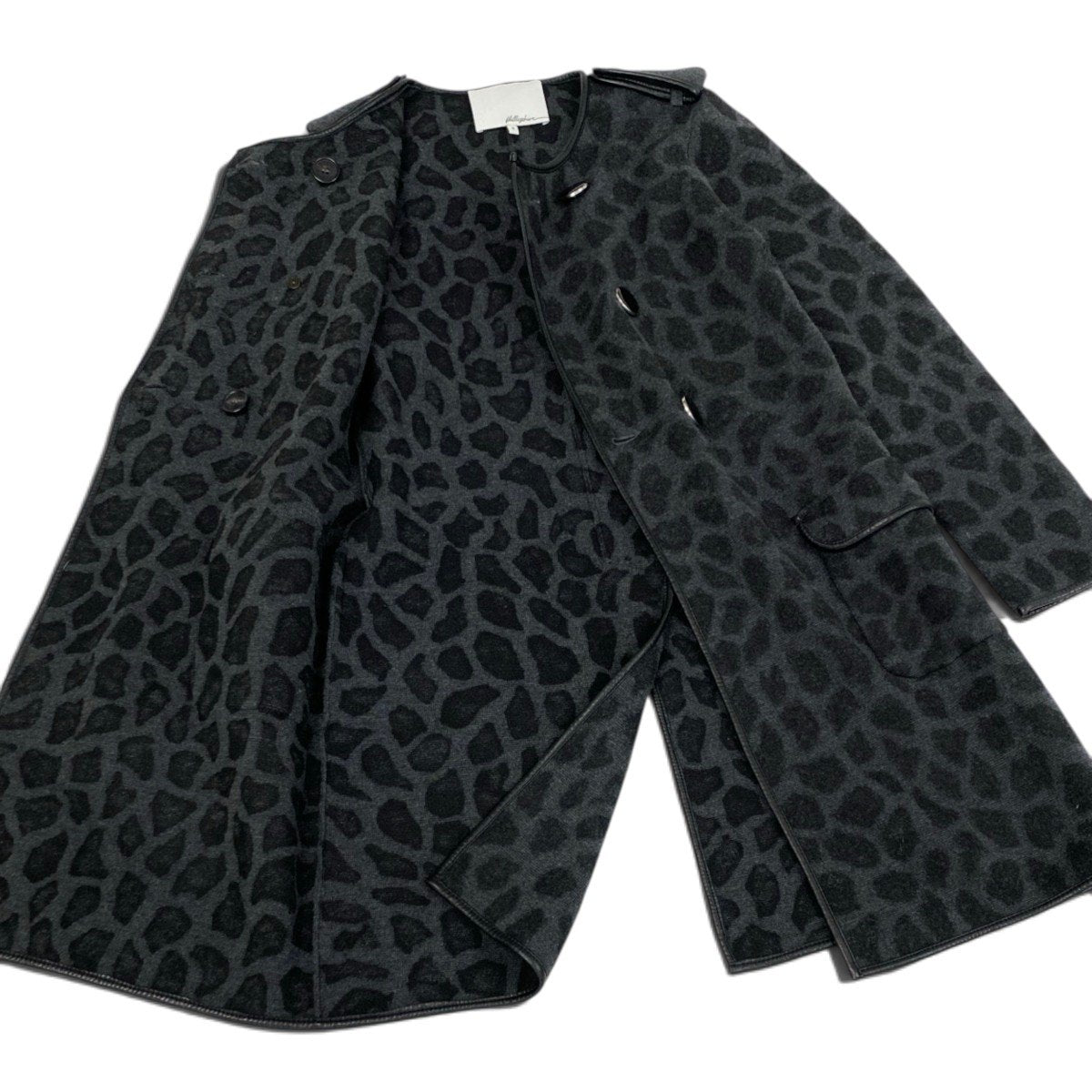 i25 【美品】3.1 Phillip Lim ロングコート ダブルボタン パイピング レオパード Sサイズ グレー ウール100％ レディース 女性用u02t