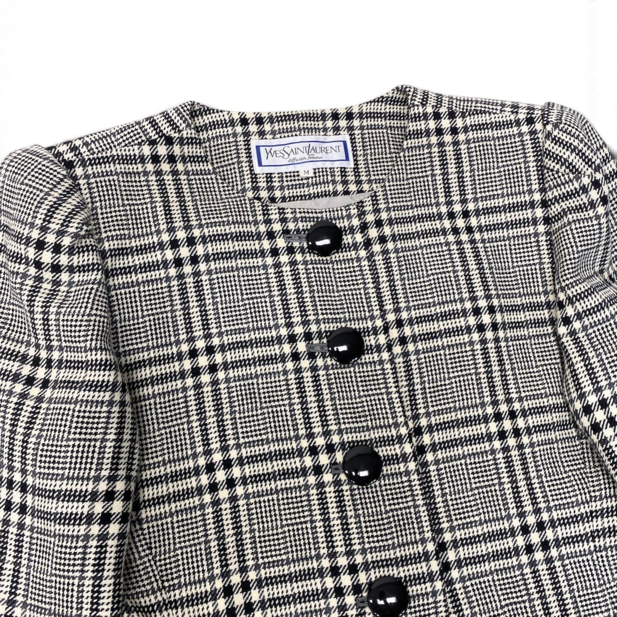 56i16 YVES SAINT LAURENT イヴサンローラン ノーカラージャケット グレンチェック カシミヤブレンド サイズM ブラック ホワイト グレー レディースo07t
