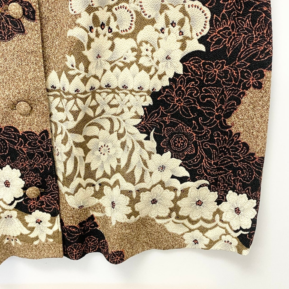 67e14【美品】詩仙堂 シセンドウ 半袖シャツワンピース ちりめん素材 総柄 日本製 ベージュ系 ポリエステル100％ レディース 女性用u02t