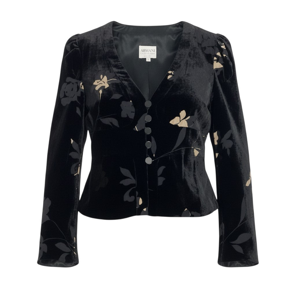 72b10 【美品】ARMANI COLLEZIONI アルマーニコレッツォーニ 花柄ベロアジャケットブラウス Vネックパフスリーブブラウス  40サイズ ブラック レディース 女性用k02i