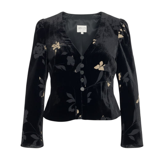 72b10 【美品】ARMANI COLLEZIONI アルマーニコレッツォーニ 花柄ベロアジャケットブラウス Vネックパフスリーブブラウス  40サイズ ブラック レディース 女性用k02i