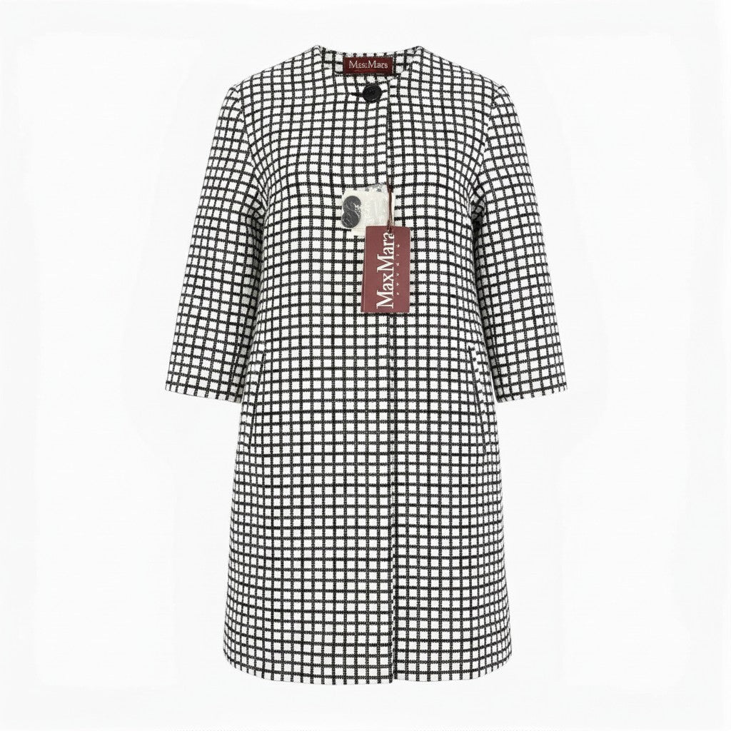 65a14【未使用】 Max Mara STUDIO マックスマーラ ノーカラー ロングコート スプリングコート 格子柄 レディース 女性用 サイズ40 ブラック ホワイト コットン100％u02t