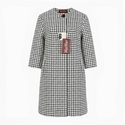 65a14【未使用】 Max Mara STUDIO マックスマーラ ノーカラー ロングコート スプリングコート 格子柄 レディース 女性用 サイズ40 ブラック ホワイト コットン100％u02t