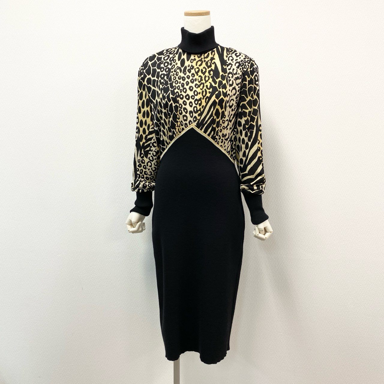 59k1 LEONARD レオナール イタリア製 レオパード柄 長袖 ハイネック ニットワンピース ドレス ブラック ウール シルク レディースo07t