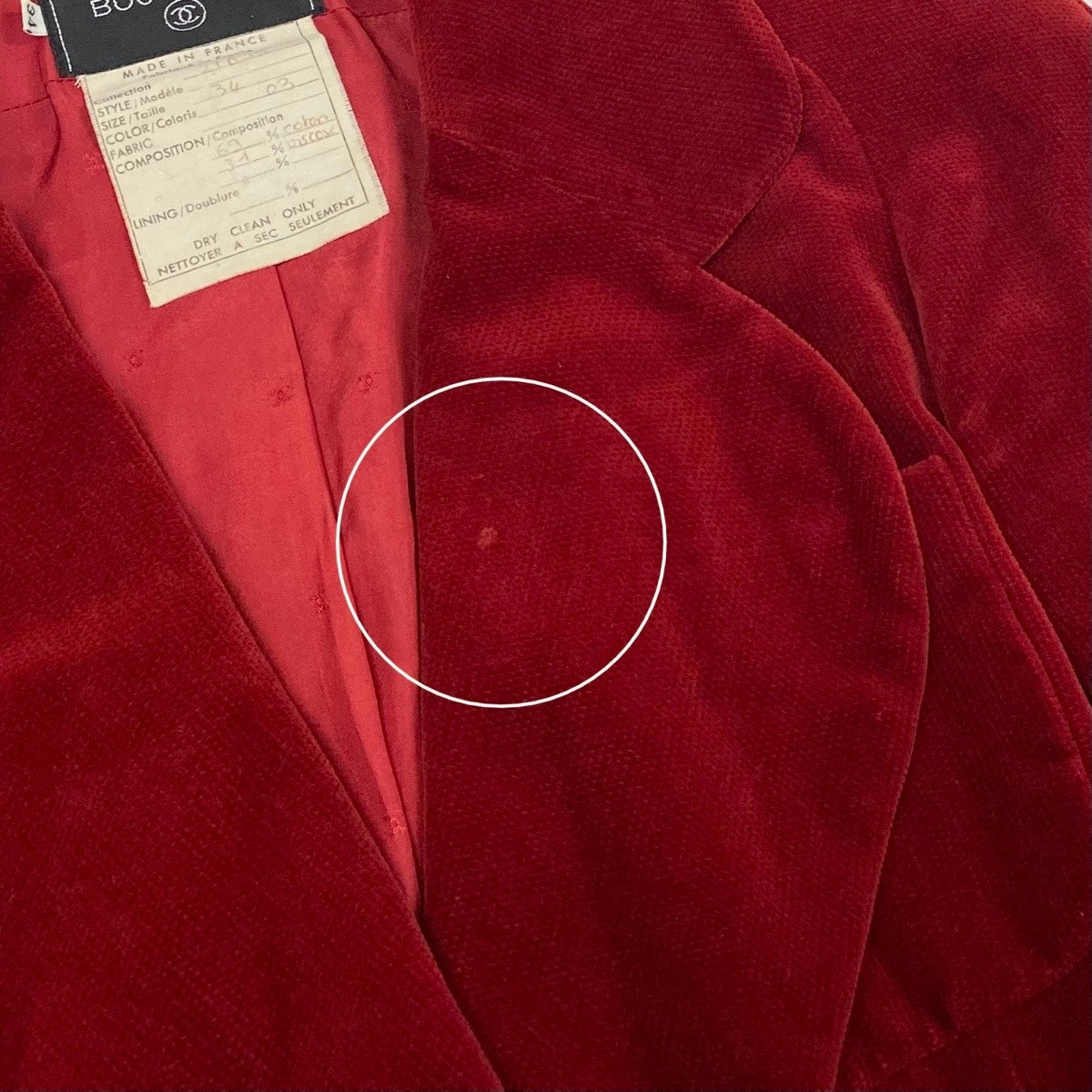 Cf29 CHANEL BOUTIQUE シャネル 1986年 ベルベットジャケット ココマーク 金ボタン ダブルブレスト サイズ34 レッド レディースta1