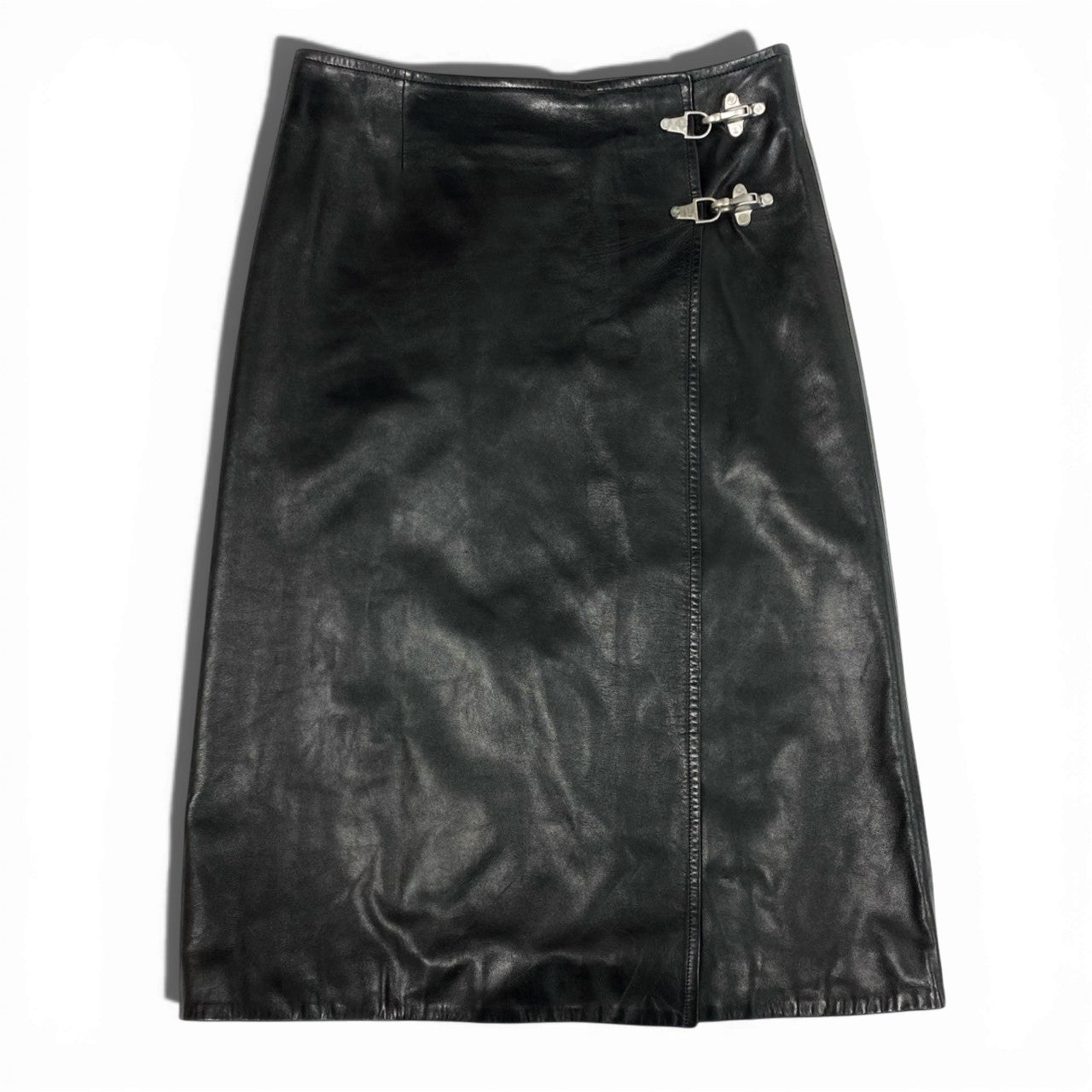 Eb11 CELINE セリーヌ ヴィンテージ マカダム金具 レザー巻きスカート 40サイズ ブラック 羊革100％ レディース 女性用k02i