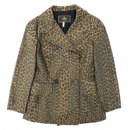 Id20 FENDI フェンディ ダブルブレストジャケット レオパード イタリア製 44サイズ ブラウン系 レディース 女性用nu1