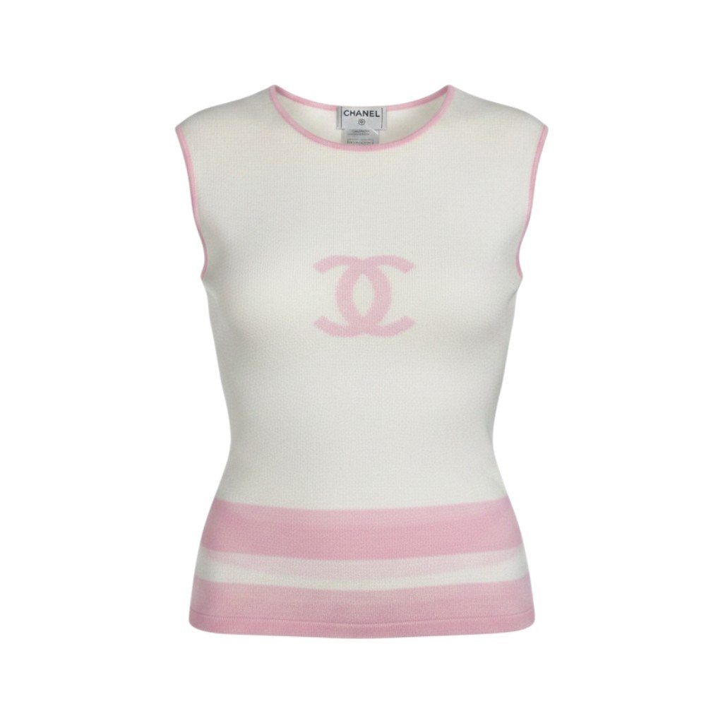 Cg19 CHANEL シャネル 2000年 ノースリーブ コットンニット トップ ココマーク P15734V00761 サイズ40 ピンク ホワイト レディースu02t