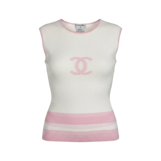 Cg19 CHANEL シャネル 2000年 ノースリーブ コットンニット トップ ココマーク P15734V00761 サイズ40 ピンク ホワイト レディースu02t