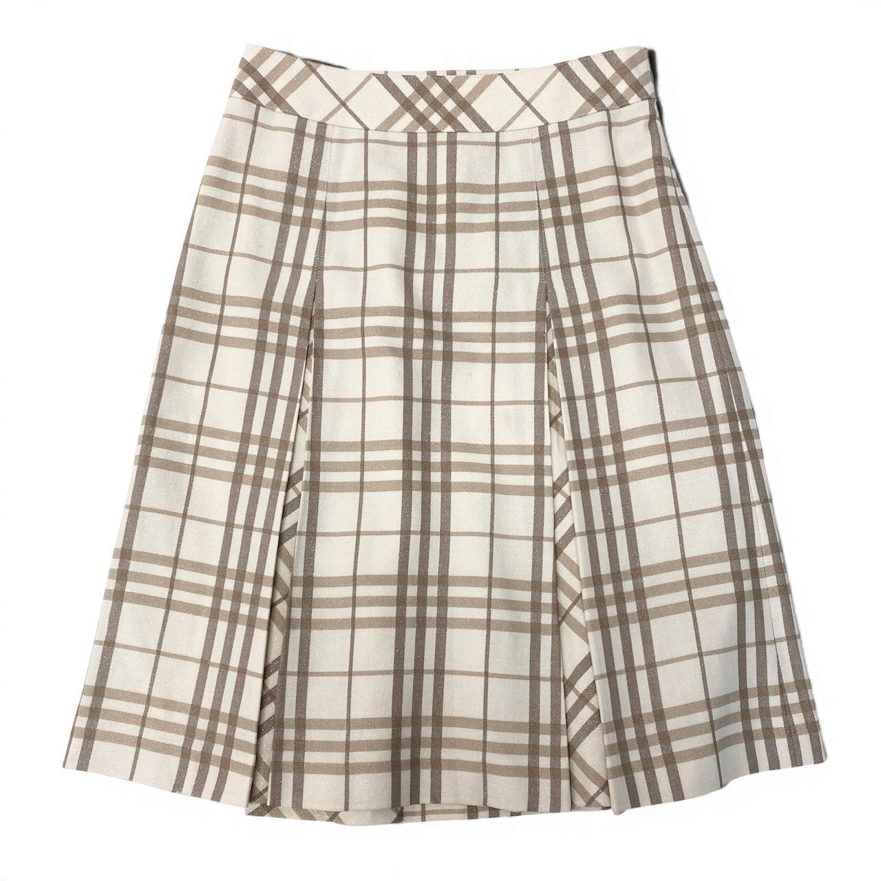 Ig6 BURBERRY LONDON バーバリー ラメ混 タックスカート チェック柄 サイズ34 ベージュ アイボリー ウール レディースo07t