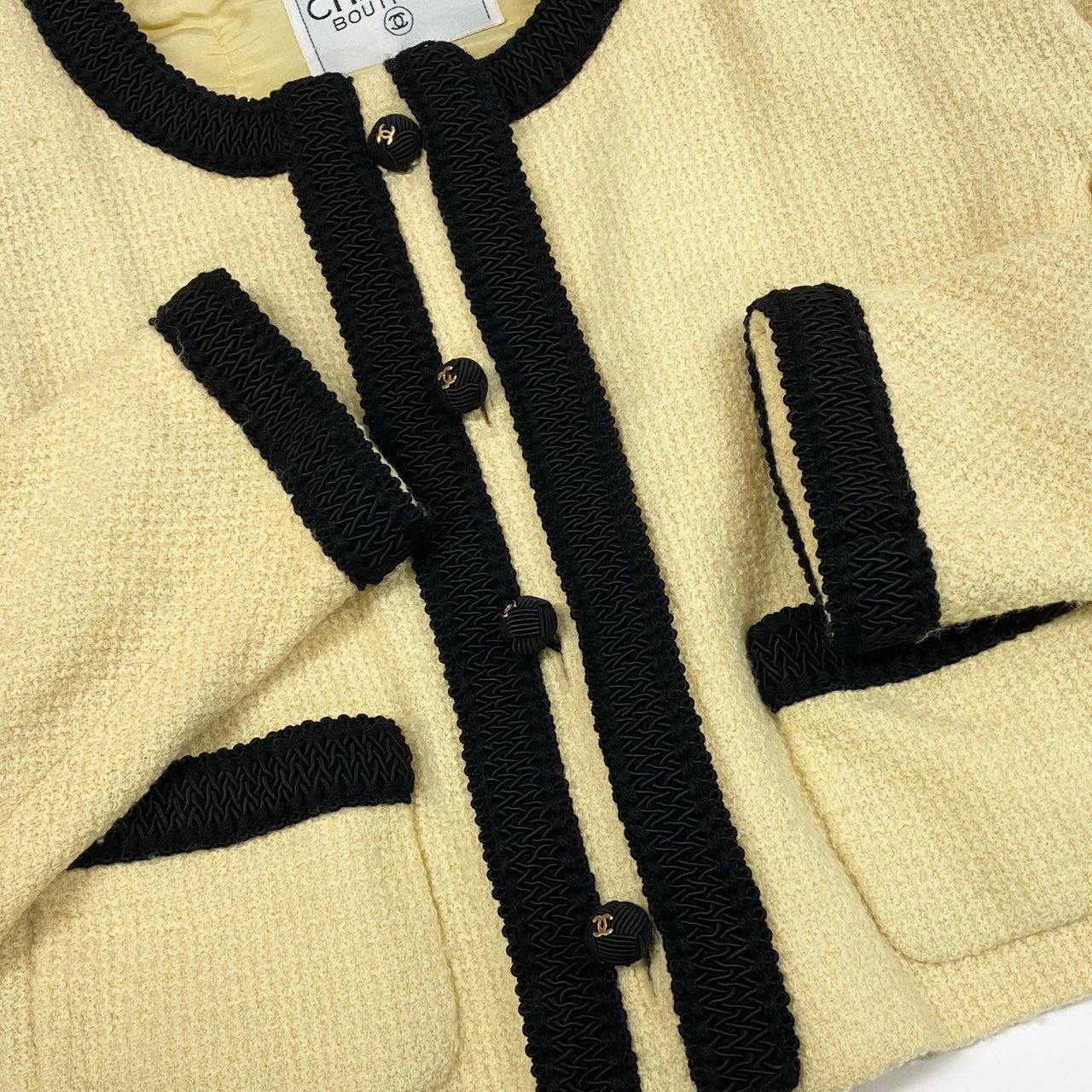 56a14【archive】CHANEL ヴィンテージ シャネル 1987年コレクション ボールボタン ココマーク ショートツイードジャケット スカート セットアップ M相当 イエロー系 ツイード レディースta1