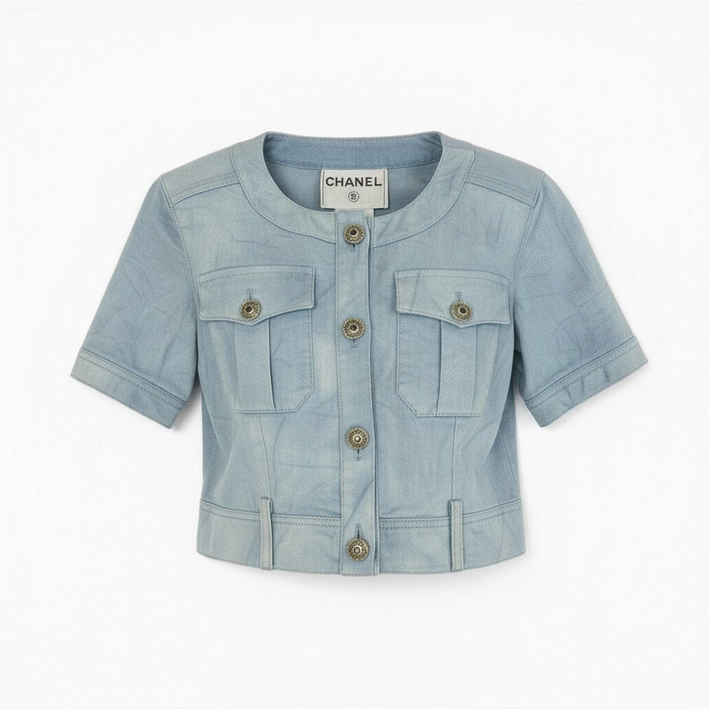 Cd6 CHANEL シャネル P40177 2018 グリポアボタン デニムジャケット クロップドジャケット サイズ38 ライトブルー レディースta1