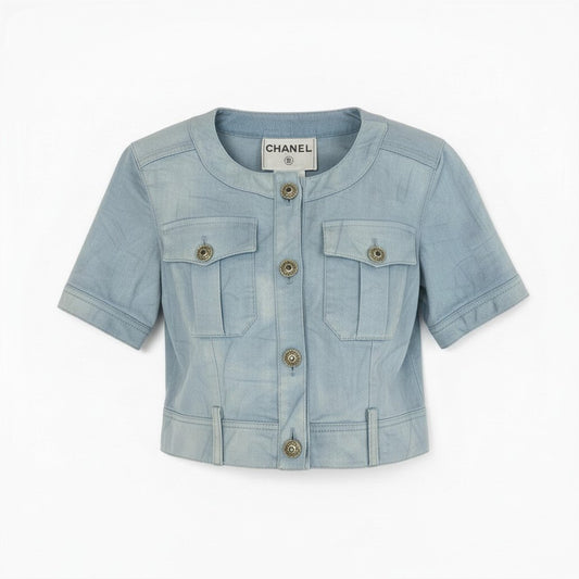 Cd6 CHANEL シャネル P40177 2018 グリポアボタン デニムジャケット クロップドジャケット サイズ38 ライトブルー レディースta1