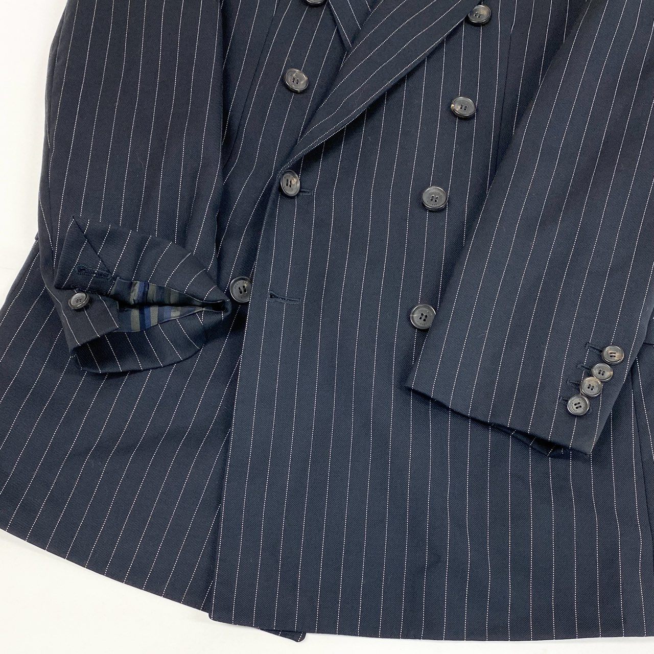 68L11 BURBERRY バーバリー イタリア製 コレクションライン ダブルブレスト テーラードジャケット 8ボタン 48 ブラック ピンストライプ ウール メンズ 男性用u02t