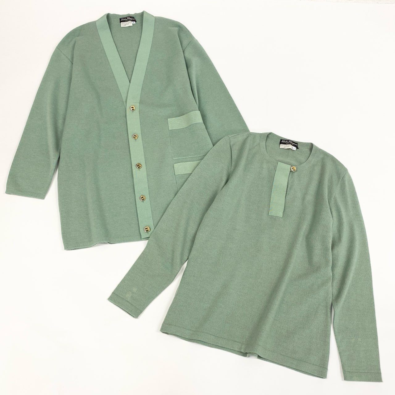 68d13 Salvatore Ferragamo サルヴァトーレフェラガモ アンサンブルニット ツインニット ロングニットジャケット カーディガン ニットポロシャツ M / L グリーン系 ウール100％ レディース 女性用o07t