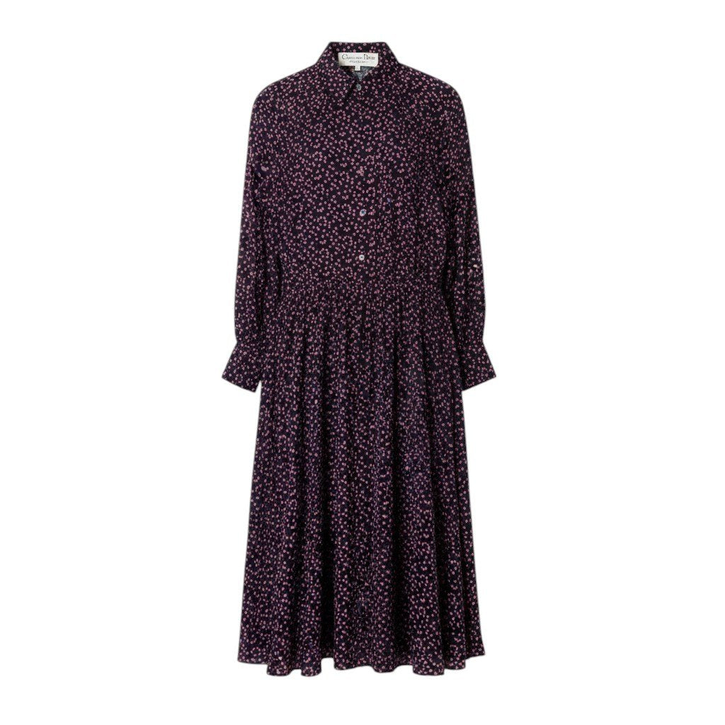 88i15 Christian Dior クリスチャンディオール ロングスリーブ シルクシャツワンピース 総柄 ハートプリント サイズ7 ネイビー レッド レディースo07t