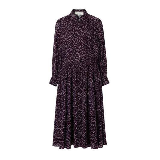 88i15 Christian Dior クリスチャンディオール ロングスリーブ シルクシャツワンピース 総柄 ハートプリント サイズ7 ネイビー レッド レディースo07t