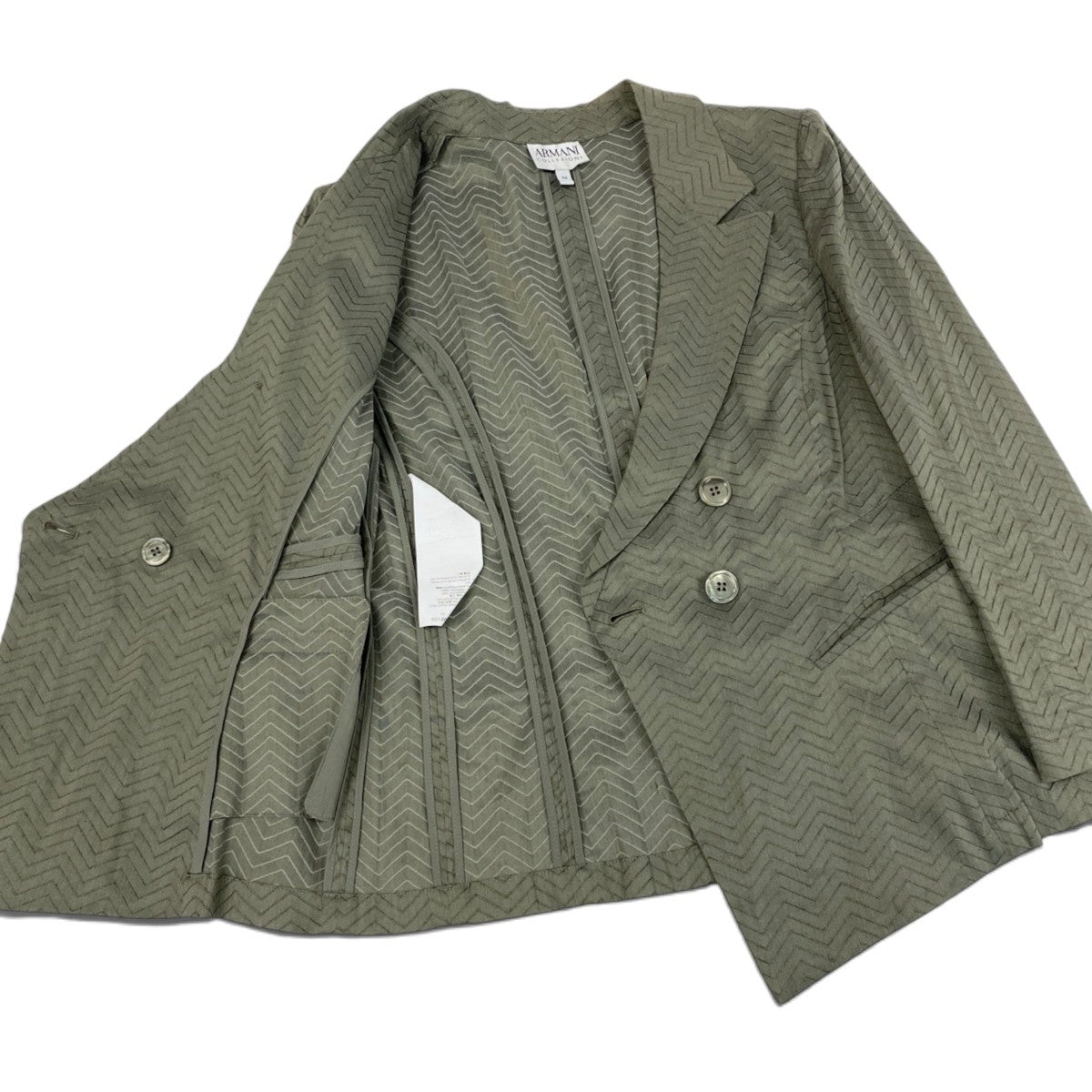 63j5 ARMANI COLLEZIONI アルマーニコレッツィオーニ ダブル ジャケット ブレザー 変形 大きいサイズ IT44 44 グリーン リネン コットン レディースo07t