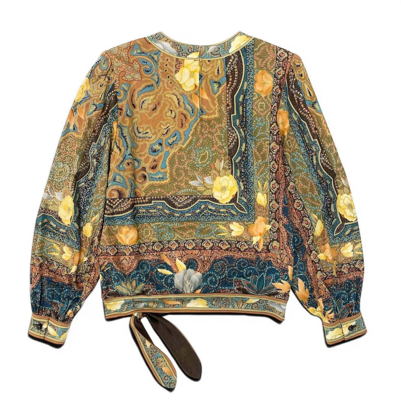 18e29 LEONARD FASHION レオナール パフスリーブ カットソー サイドリボン 美しい花柄プリント トップス サイズ9R マルチカラー シルク100％ レディース 女性服o07t