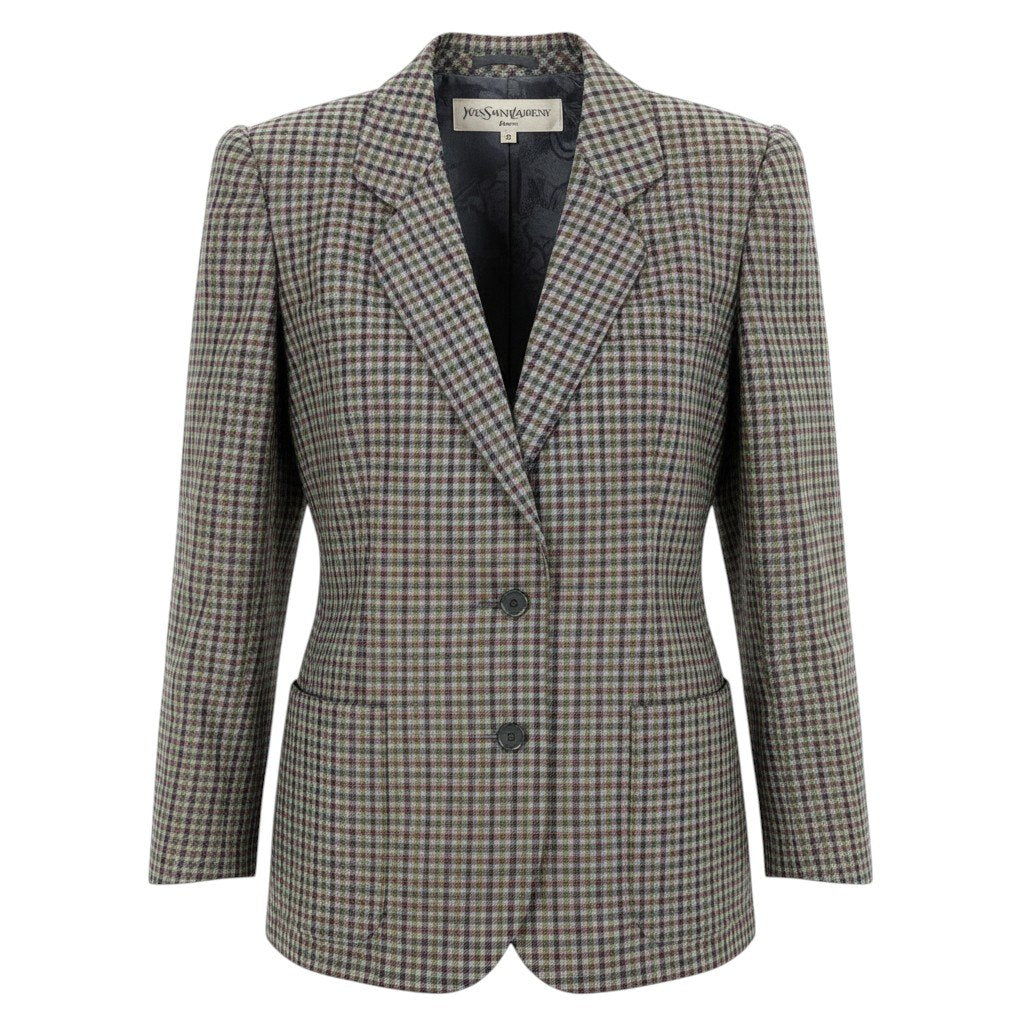 65f2 YVES SAINT LAURENT イヴサンローラン テーラードジャケット シングル 2B チェック柄 サイズM マルチカラー ウール100％ レディース 女性服o07t