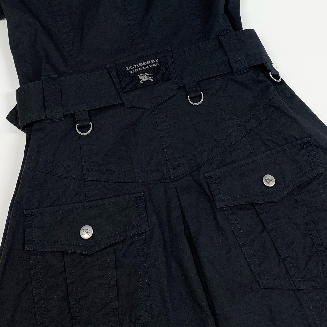 70b9 BURBERRY BLUE LABEL バーバリー ブルーレーベル Aライン ベルテッド ワンピース ノバチェック 半袖 ホースボタン 36 ネイビー レディースk02i