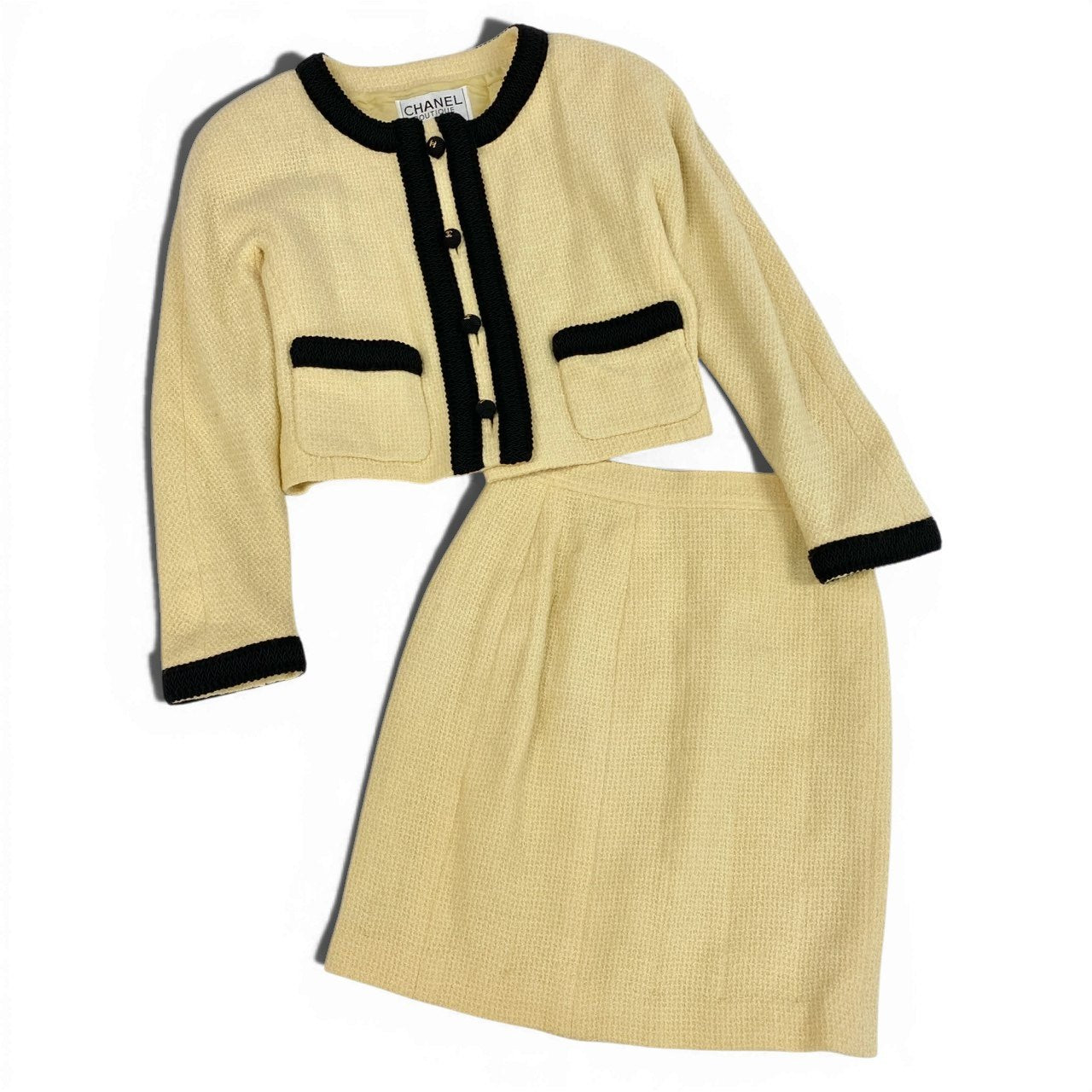 Ca14【archive】CHANEL ヴィンテージ シャネル 1987年コレクション ボールボタン ココマーク ショートツイードジャケット スカート セットアップ M相当 イエロー系 ツイード レディースta1