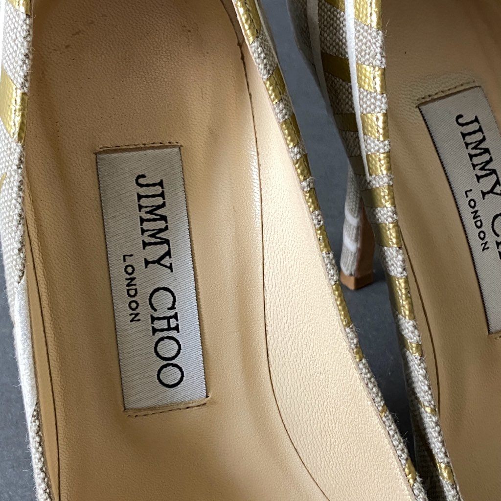 3h2 JIMMY CHOO ジミーチュウ デザインヒールパンプス 35 ホワイト ゴールド グレー キャンバス シューズ イタリア製