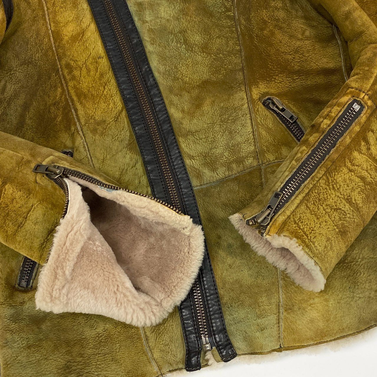 67k7 DIESEL ディーゼル ムートンジャケット ライダースジャケット ヴィンテージ加工 ラムレザー 羊革 Sサイズ イエローブラウン メンズu02t