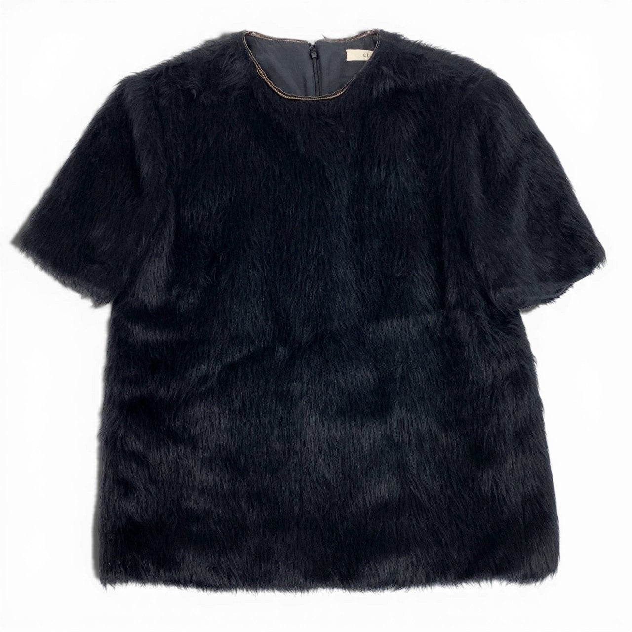 Eb11【美品】CELINE セリーヌ フィービー期 アルパカウールブラウス ファーカットソー 半袖カットソー トップス 36サイズ ブラック レディース 女性用k02i