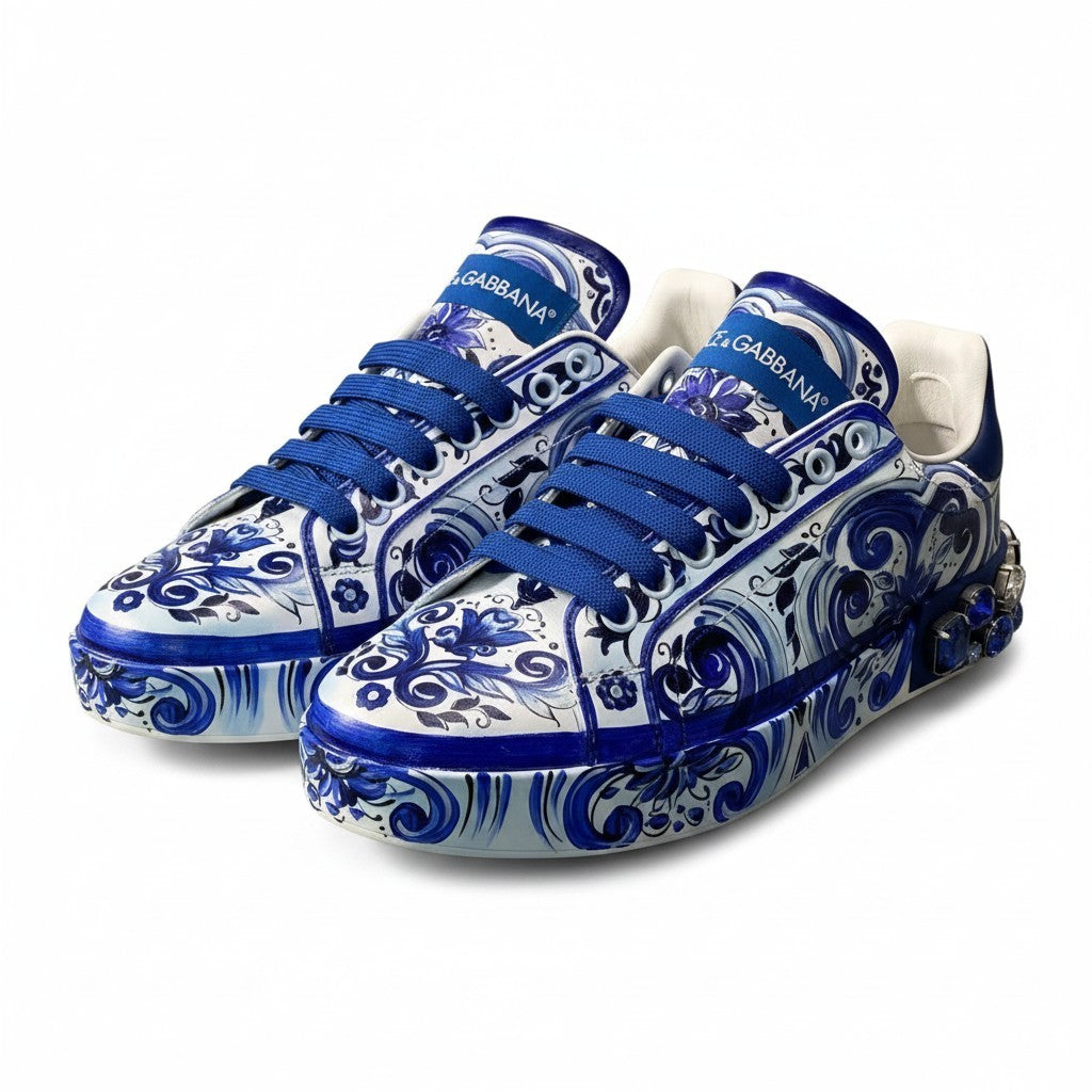 【美品】 DOLCE&GABBANA ドルチェアンドガッバーナ ポルトフィーノ ビジュー スニーカー マヨリカ ハンドペイント サイズ37 ブルー ホワイト レディースk02i