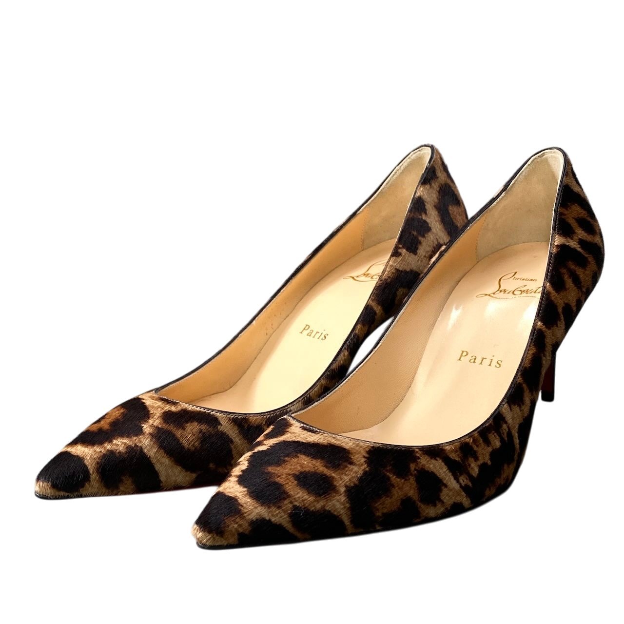 e13 Christian Louboutin クリスチャンルブタン レオパード柄 ハイヒール ポインテッドトゥヒール ハラコ サイズ37 ベージュ系 レディース 女性靴u02t