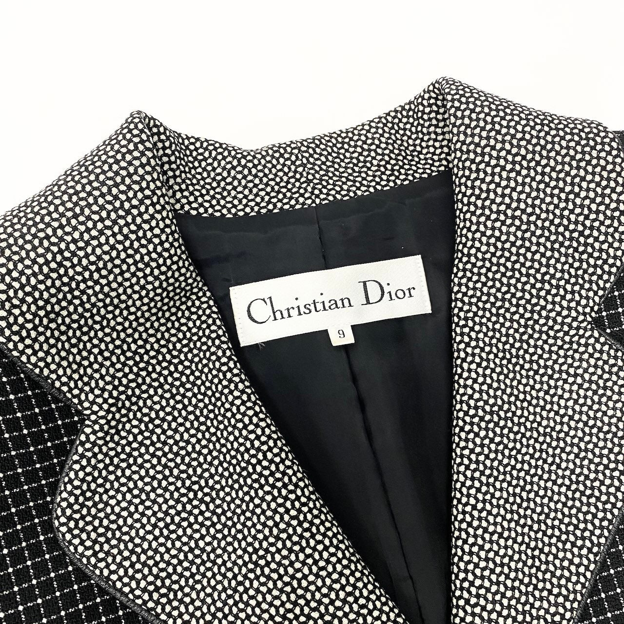 62e12 Christian Dior クリスチャンディオール テーラードジャケット  レザーパイピング チェック柄 総柄 サイズ9 ブラック ホワイト レディース 女性用o07t