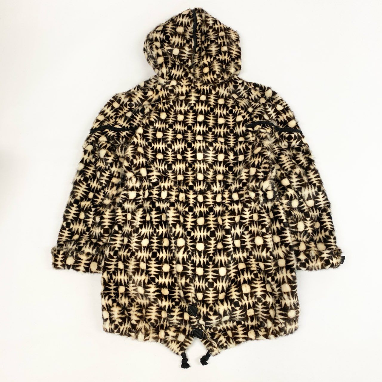 26L5 《希少》 SGOURIDIS 総柄ミンク フード付き ロングコート サイズF ブラウン ホワイト 最高級本毛皮 レアデザイン MINK FURt18r