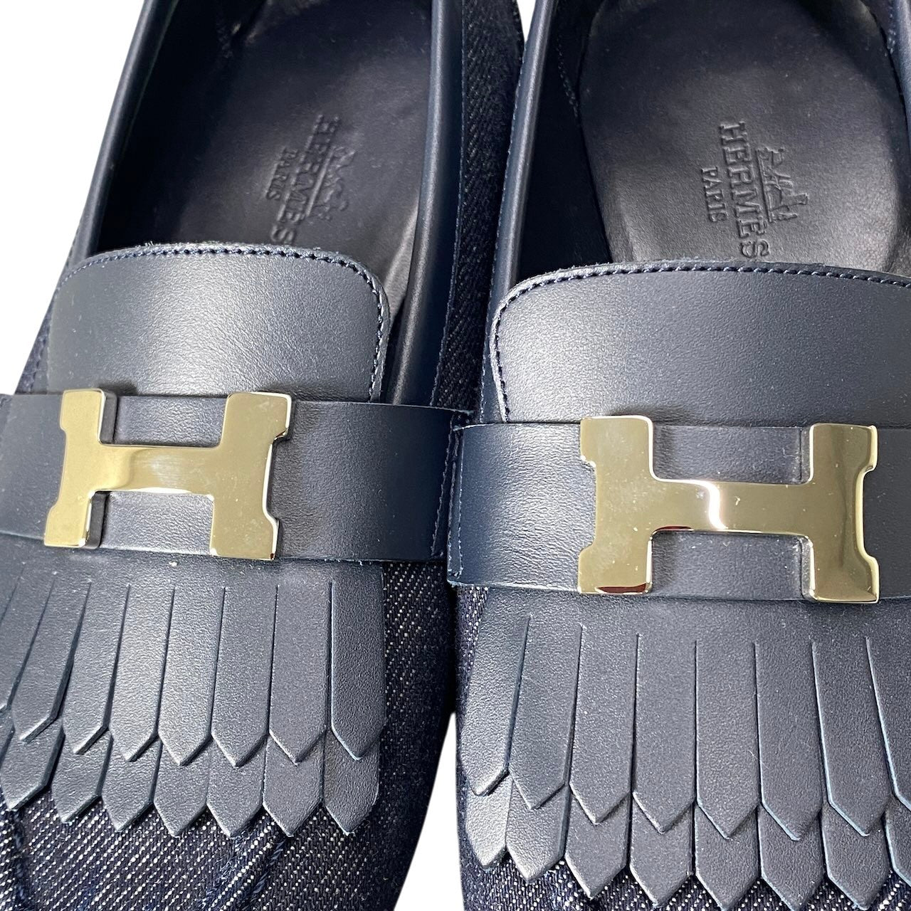 g14【極美品】HERMES ロイヤル デニム ローファー イタリア製 36サイズ ネイビー デニム レザー レディース 女性用k02i