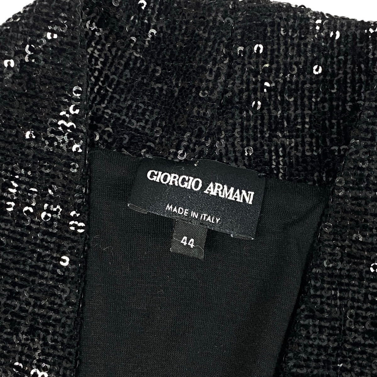 Eg10 【美品】 GIORGIO ARMANI ジョルジオアルマーニ スパンコール ノーカラージャケット サイズ44 ブラック レディースk02i