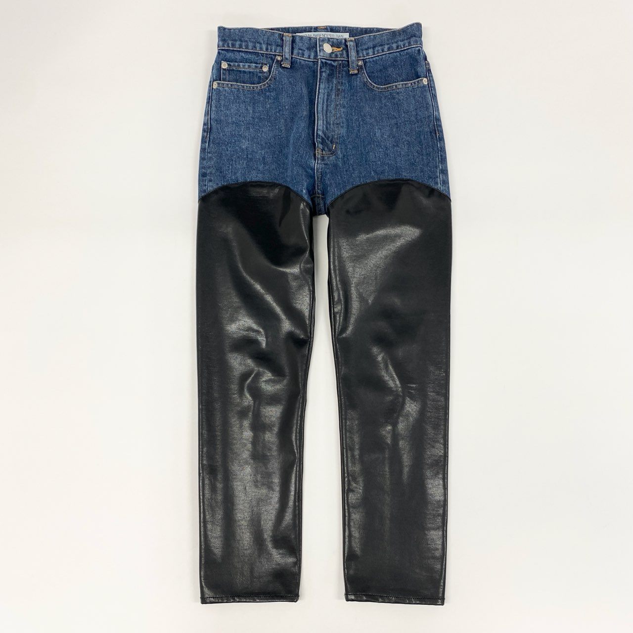 66g8 【美品】 JOHN LAWRENCE SULLIVAN ジョンローレンスサリバン 切替デニムパンツ ジーンズ レザーバイカラーパンツ ヴィーガンレザー レディース 女性用 JLSW-38 XS ブルー×ブラック