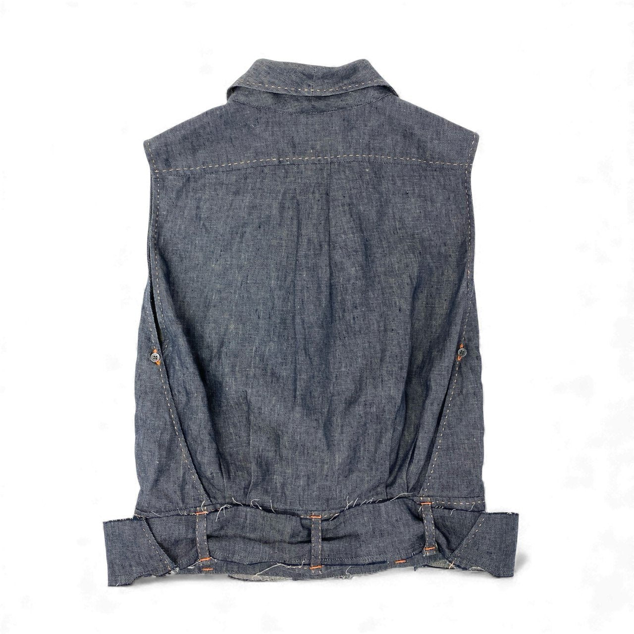 10k11【美品】HERMES PARIS エルメスパリス ノースリーブデニムシャツ デニムベスト リネン100％ ゴルチエ期 フランス製 34サイズ インディゴ レディースu02t