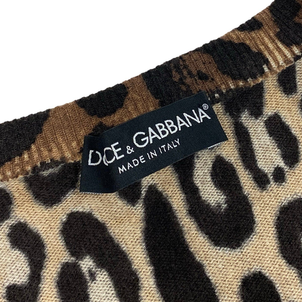 32f11 DOLCE&GABBANA ドルチェアンドガッバーナ レオパード柄 カシミヤニット Vネックセーター サイズ38 ブラウン ベージュ系 カシミア100％ レディース 女性用u02t